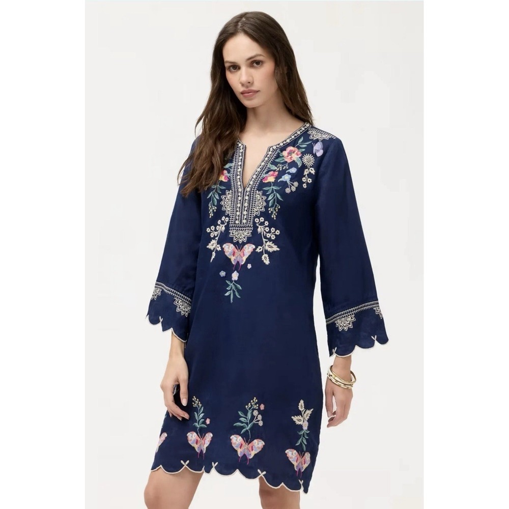 Johnny Was Linen Scallop Dress Arva Blue Size Med Butterflies Embroidered NWT ~